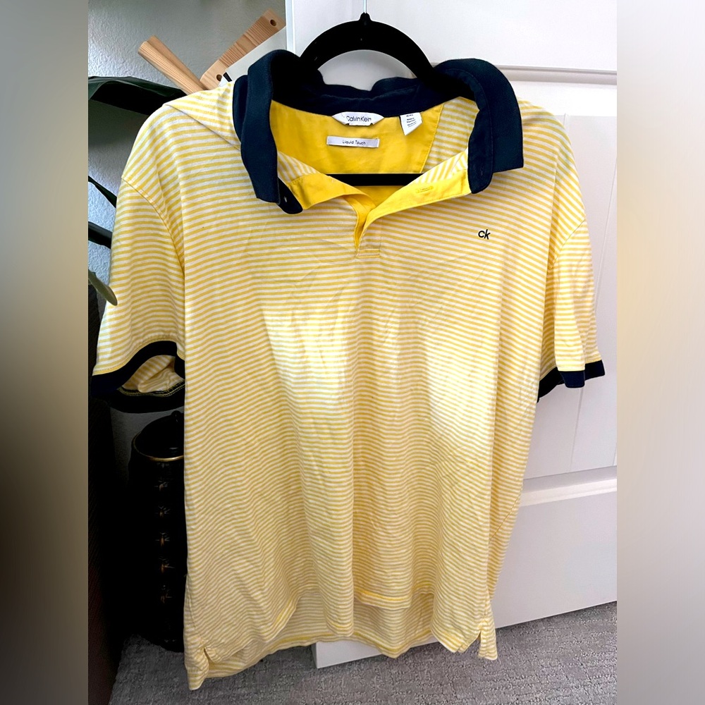 Calvin Klein liquid touch women’s yellow blue striped polo collared shirt XL